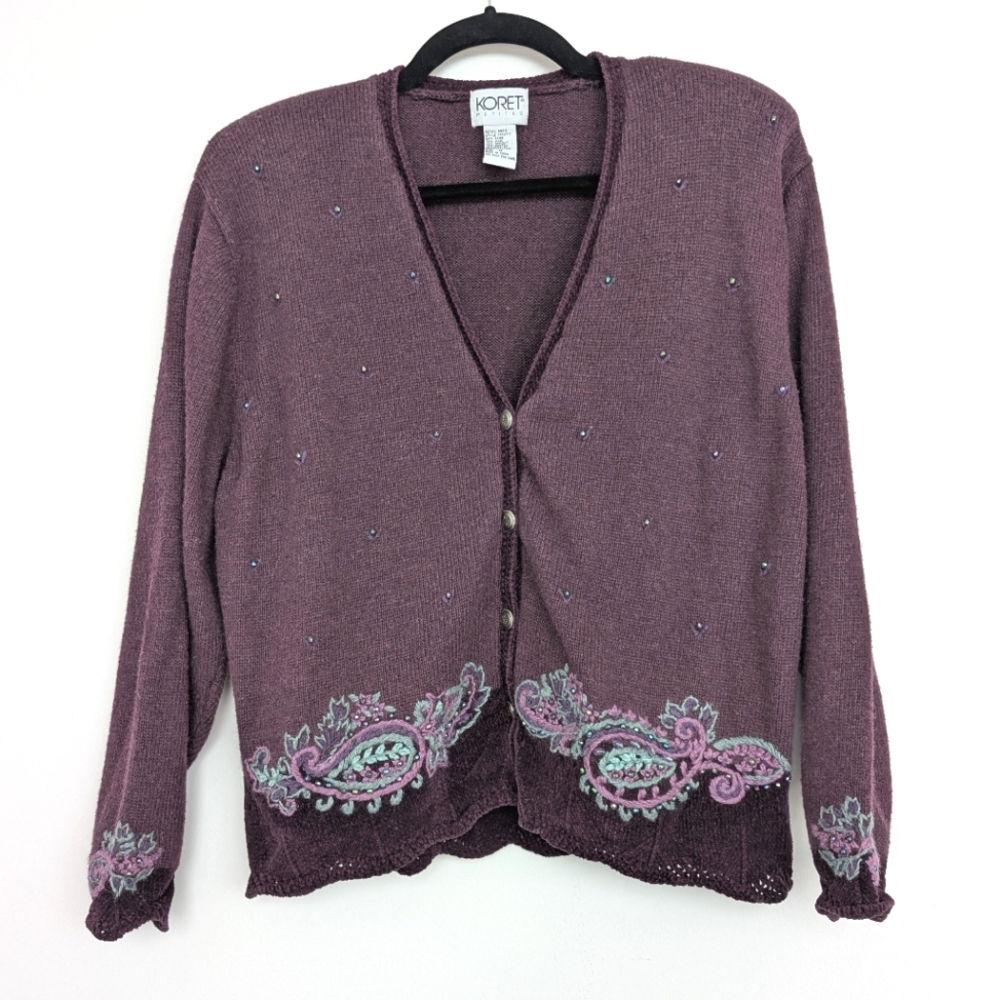Vintage Koret Petites Wool Ramie Purple Embroidered Women Sweater Cardigan Sz M